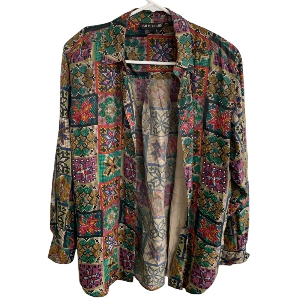 Vintage Silk Club Women’s Shirt Blouse Top Multicolored 100% Silk Size Small